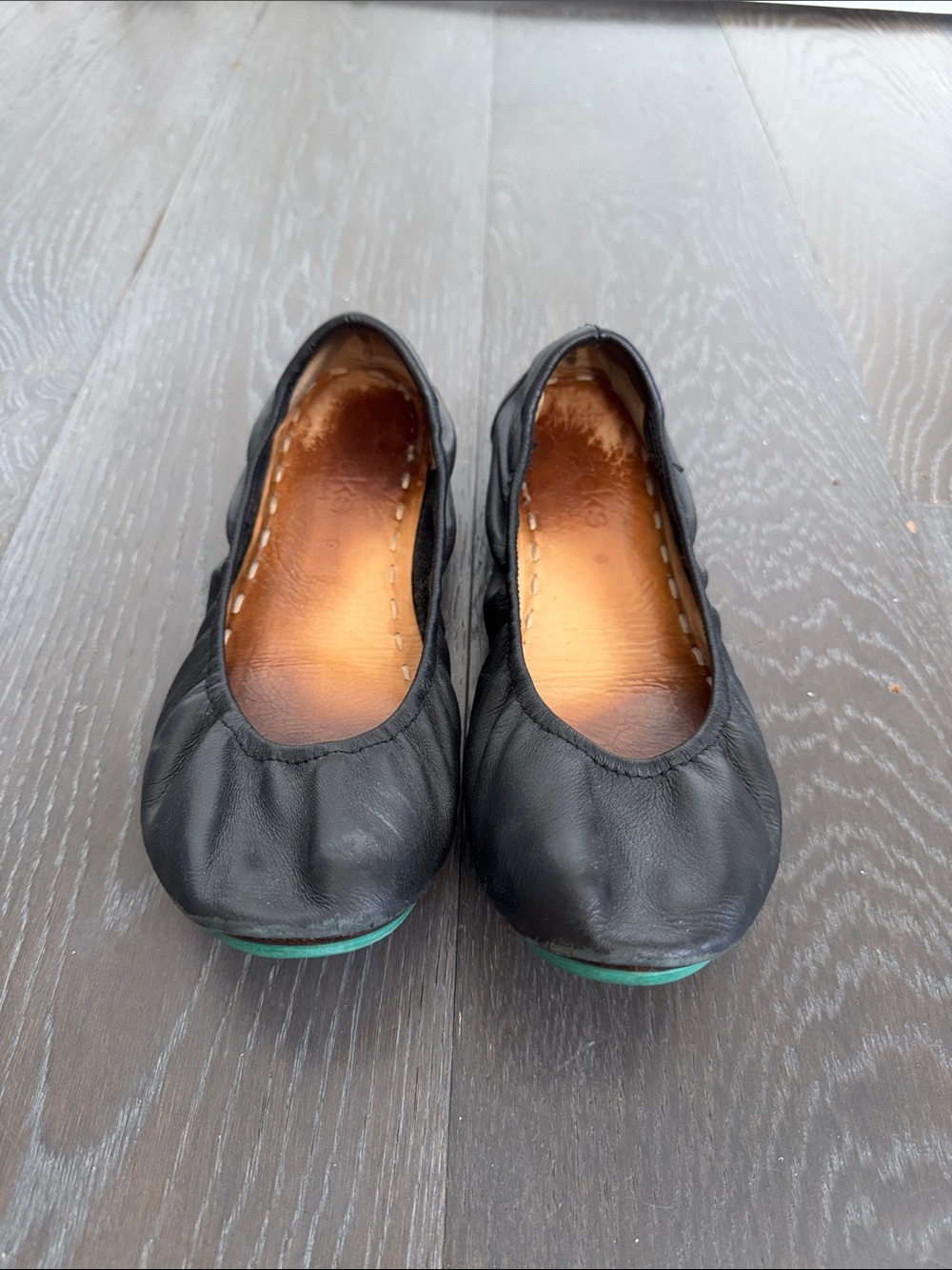 Tieks Black Leather Ballet Flats with Teal Sole